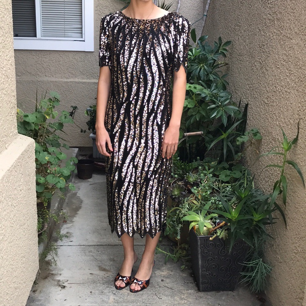 Vintage multicolored sequin beaded silk dress